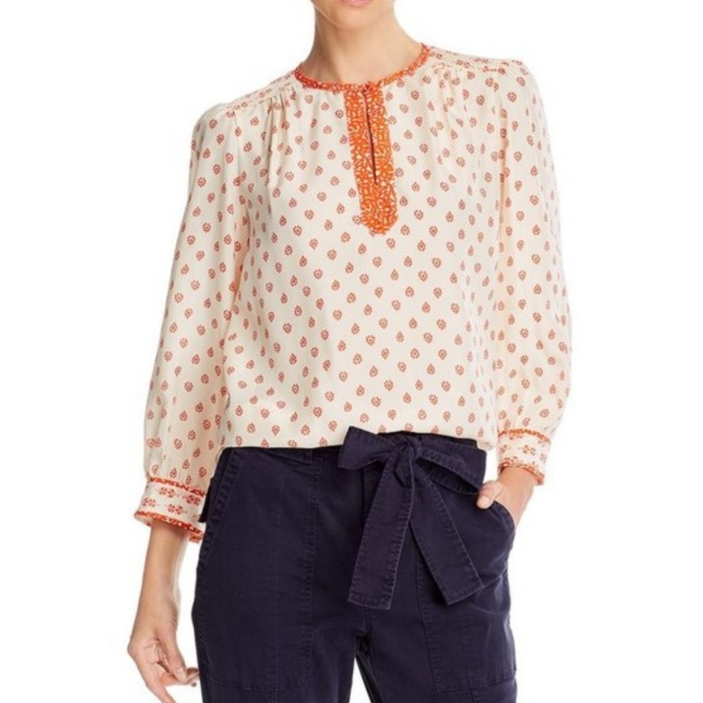 Rebecca Taylor Silk Printed Blouse Orange Cream Long Sleeve Top Size 0